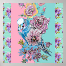 Blauwe Budgie Vogel Roos Bloem Schildering Aqua Po