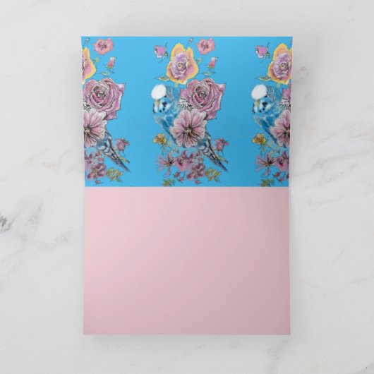 Blauwe Budgie Watercolor roos bloemige Verjaardags Kaart (Binnen)