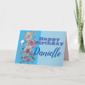 Blauwe Budgie Watercolor roos bloemige Verjaardags Kaart (Voorkant)