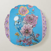 Blauwe Budgie Waterverf bloemendame Ronde Kussen (Voorkant)
