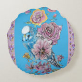 Blauwe Budgie Waterverf bloemendame Ronde Kussen (Achterkant)