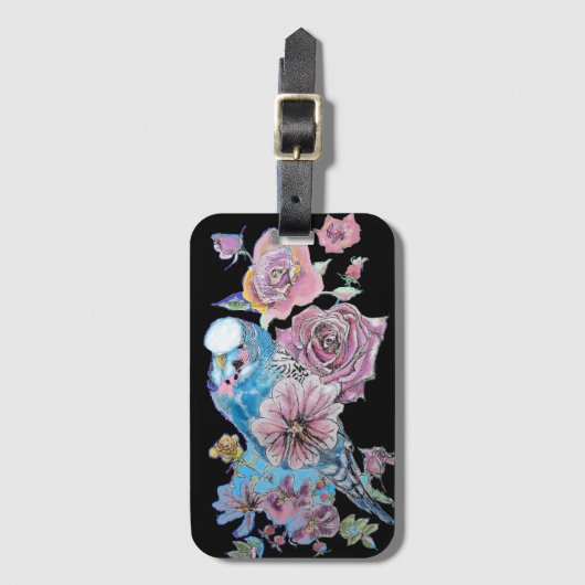 Blauwe Budgie Zwarte Bloem Waterverf Bagage Label (Voorkant (verticaal))