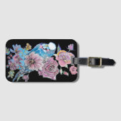 Blauwe Budgie Zwarte Bloem Waterverf Bagage Label (Voorkant (horizontaal))