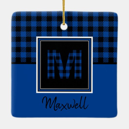 Blauwe Buffalo Pset en zwarte monogram en naam Keramisch Ornament (Achterkant)