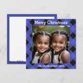 Blauwe Buffel geruite Check Foto Kerstflat Feestdagenkaart (Voorkant / Achterkant)