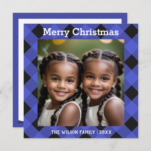 Blauwe Buffel geruite Check Foto Kerstflat Feestdagenkaart (Voorkant / Achterkant)