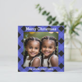 Blauwe Buffel geruite Check Foto Kerstflat Feestdagenkaart (Staand voorkant)