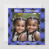 Blauwe Buffel geruite Check Foto Kerstflat Feestdagenkaart (Voorkant)