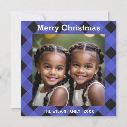 Blauwe Buffel geruite Check Foto Kerstflat Feestdagenkaart (Voorkant)