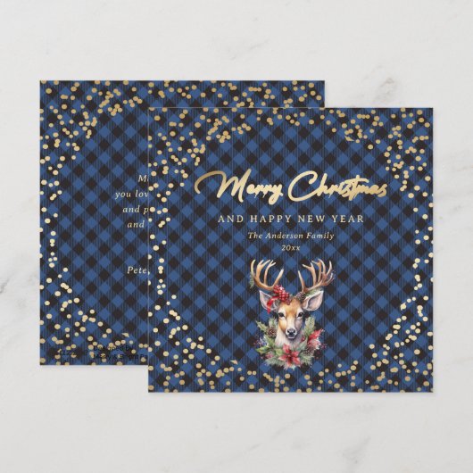 Blauwe buffel met gouden rendieren sneeuwkerst feestdagenkaart (Voorkant / Achterkant)