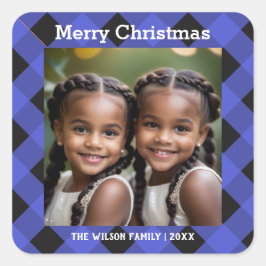 Blauwe Buffel Plaid Custom Foto Vrolijk Kerstfeest Vierkante Sticker
