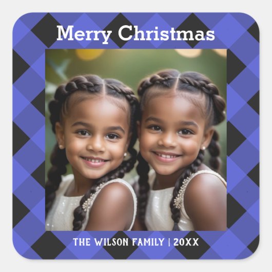 Blauwe Buffel Plaid Custom Foto Vrolijk Kerstfeest Vierkante Sticker (Voorkant)