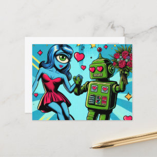 Blauwe buitenaardse vrouw en een groene robot briefkaart