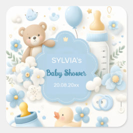 Blauwe Bundel Vreugde: Teddy Bear Baby Jongen Douc Vierkante Sticker