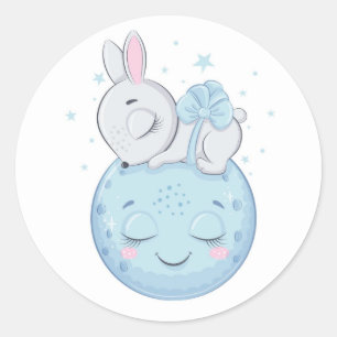 Blauwe Bunny die over een maan gaat Ronde Sticker