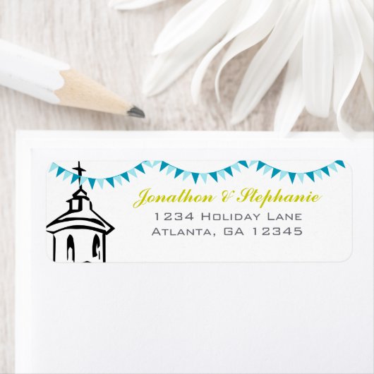 Blauwe Bunting die naar het Adres van de Terugkeer Etiket (Insitu)