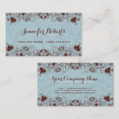 Blauwe Burlap Linnen & Bruin Bloemen & Kant 2 Visitekaartje (Voorkant / Achterkant)