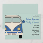 Blauwe bus vintage baby shower kaart (Voorkant / Achterkant)