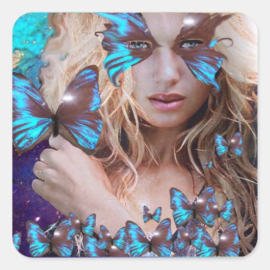 BLAUWE BUTERRFLY BEAUTY MAKEUP ARTIST VIERKANTE STICKER (Voorkant)