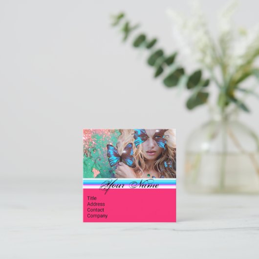 BLAUWE BUTTERFLES BEAUTY MAKEUP ARTIST Hot Pink Gr Vierkante Visitekaartje (Staand voorkant)