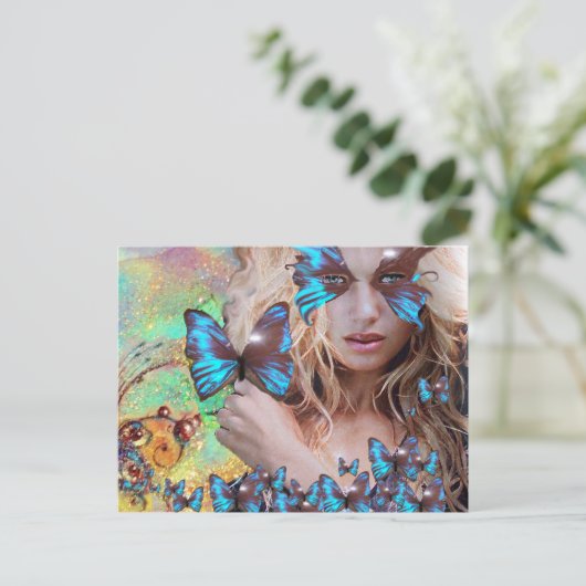 BLAUWE BUTTERFLES IN BLAUWGROEN GROENE GOUDEN BRIEFKAART (Staand voorkant)