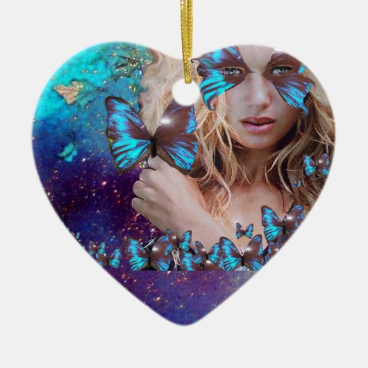 BLAUWE BUTTERFLES IN BLAUWGROEN GROENE GOUDEN HARK KERAMISCH ORNAMENT (Voorkant)