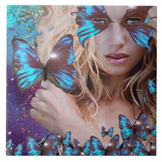 BLAUWE BUTTERFLES IN BLAUWGROEN GROENE GOUDEN TEGELTJE (Voorkant)