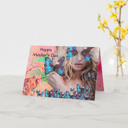 BLAUWE BUTTERFLES IN PINK GREEN GOLD SPARKLES KAART (Gele Bloem)