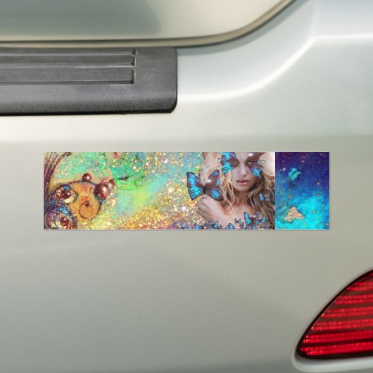 BLAUWE BUTTERFLES MET GROENE GOUDEN BUMPERSTICKER (Op auto)