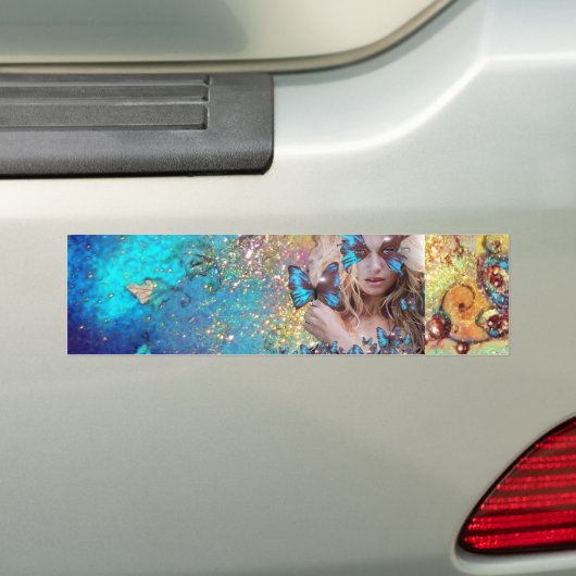 BLAUWE BUTTERFLES MET GROENE GOUDEN BUMPERSTICKER (Op auto)