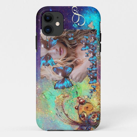 BLAUWE BUTTERFLES MET GROENE GOUDEN MONOGRAM Case-Mate iPhone CASE (Achterkant)