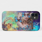 BLAUWE BUTTERFLES MET GROENE GOUDEN MONOGRAM Case-Mate iPhone CASE (Achterkant (horizontaal))