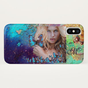 BLAUWE BUTTERFLES MET GROENE GOUDEN MONOGRAM iPhone X HOESJE