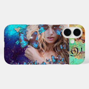 BLAUWE BUTTERFLES MET GROENE GOUDEN MONOGRAM iPhone 16 HOESJE