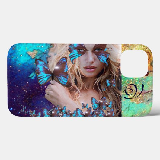 BLAUWE BUTTERFLES MET GROENE GOUDEN MONOGRAM Case-Mate iPhone CASE (Achterkant (horizontaal))