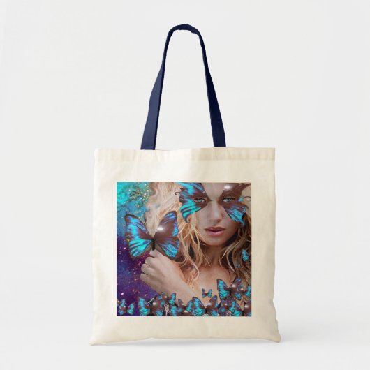 BLAUWE BUTTERFLES MET GROENE GOUDEN TOTE BAG (Voorkant)