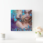 BLAUWE BUTTERFLES MET GROENE GOUDEN VIERKANTE KLOK (Huis)