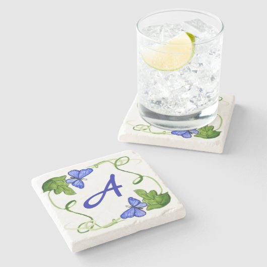 Blauwe Butterflies Green Leaf Custom Monogram Stenen Onderzetter (Zijkant)