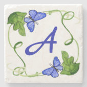 Blauwe Butterflies Green Leaf Custom Monogram Stenen Onderzetter (Voorkant)