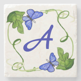 Blauwe Butterflies Green Leaf Custom Monogram Stenen Onderzetter