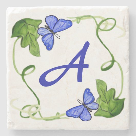 Blauwe Butterflies Green Leaf Custom Monogram Stenen Onderzetter (Voorkant)