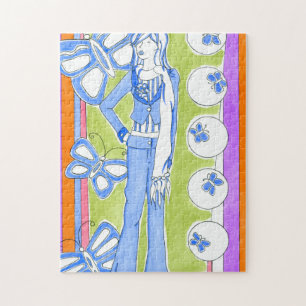 Blauwe Butterflies omringend glamoureus meisje Legpuzzel