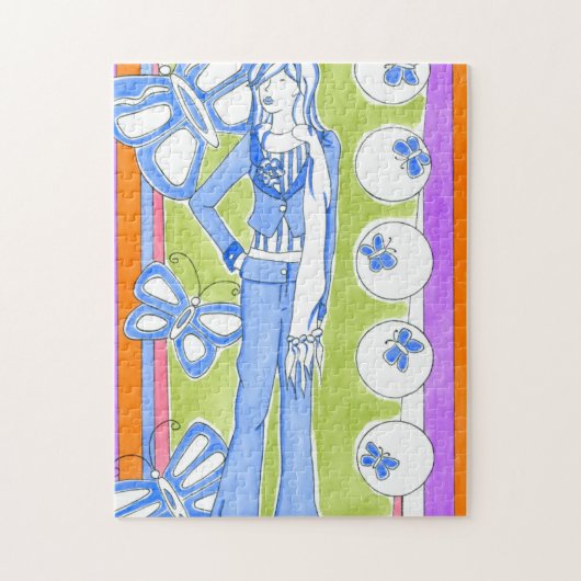 Blauwe Butterflies omringend glamoureus meisje Legpuzzel (Verticaal)