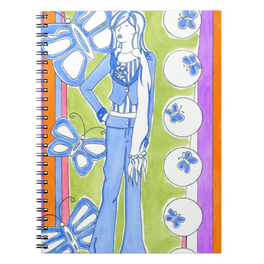 Blauwe Butterflies omringend glamoureus meisje Notitieboek (Voorkant)