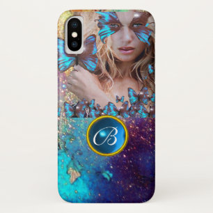 BLAUWE BUTTERFLY LADY, BLAUWGROEN GOLD SPARKLE GEM iPhone X HOESJE