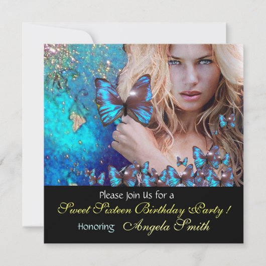BLAUWE BUTTERFLY SWEET 16 PARTIJMONOGRAM, GOLD KAART (Voorkant)