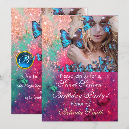 BLAUWE BUTTERFLY SWEET 16 PARTIJMONOGRAM, GOLD KAART (Voorkant / Achterkant)