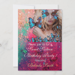 BLAUWE BUTTERFLY SWEET 16 PARTIJMONOGRAM, GOLD KAART