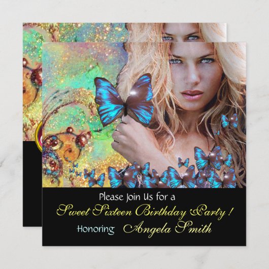 BLAUWE BUTTERFLY SWEET 16 PARTIJMONOGRAM KAART (Voorkant / Achterkant)