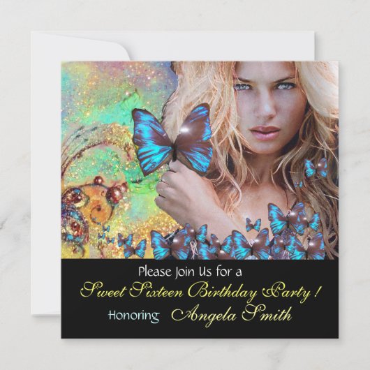 BLAUWE BUTTERFLY SWEET 16 PARTIJMONOGRAM KAART (Voorkant)